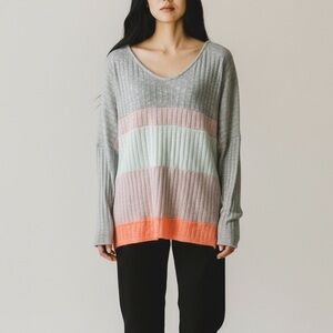 Haptics Boutique Womens Grey Neon Stripe Sweater Medium